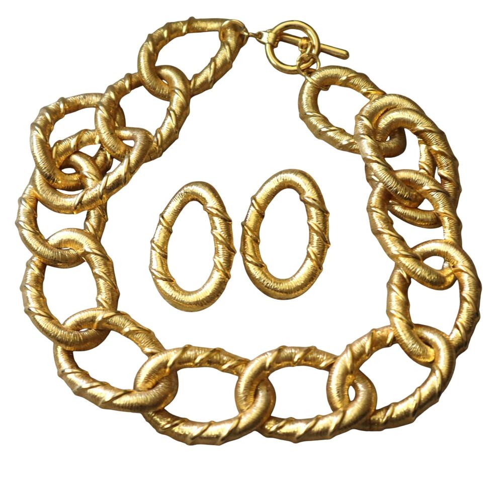 Vintage 80s 90s Gold Tone Chunky Rope Link Choker Necklace Earring SET Retro